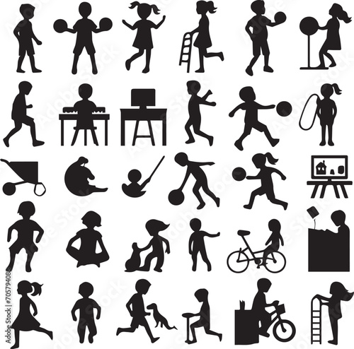 Set of silhouettes kids baby children editable vector icon in various poses