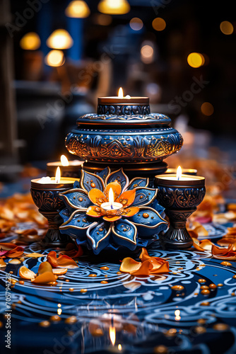 Celebrate Diwali bright oil lamps and a detailed floral mandala set against a captivating bokeh background, creating a picture of joy and festivity