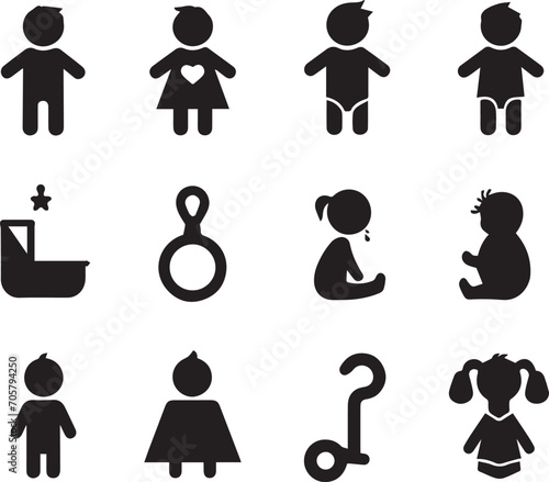 Set of silhouettes kids baby children editable vector icon in various poses
