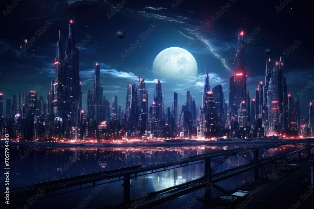 Futuristic city at night with full moon. 3d rendering, Epic wide shot of a futuristic cyberpunk cityscape at night, AI Generated