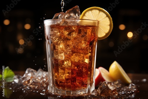  a glass of ice tea with a slice of lemon and a lime on a table with ice cubes and slices of watermelon and mint on a dark background. photo