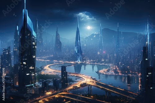 Futuristic city at night with skyscrapers and high-rise buildings  Epic wide shot of a futuristic cyberpunk cityscape at night  AI Generated