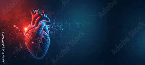Human heart with cardiogram. Emergency ECG monitoring. Human heart shape neon glowing light with copy space photo