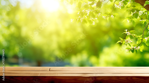 empty wooden tabletop against green blurry forest background
