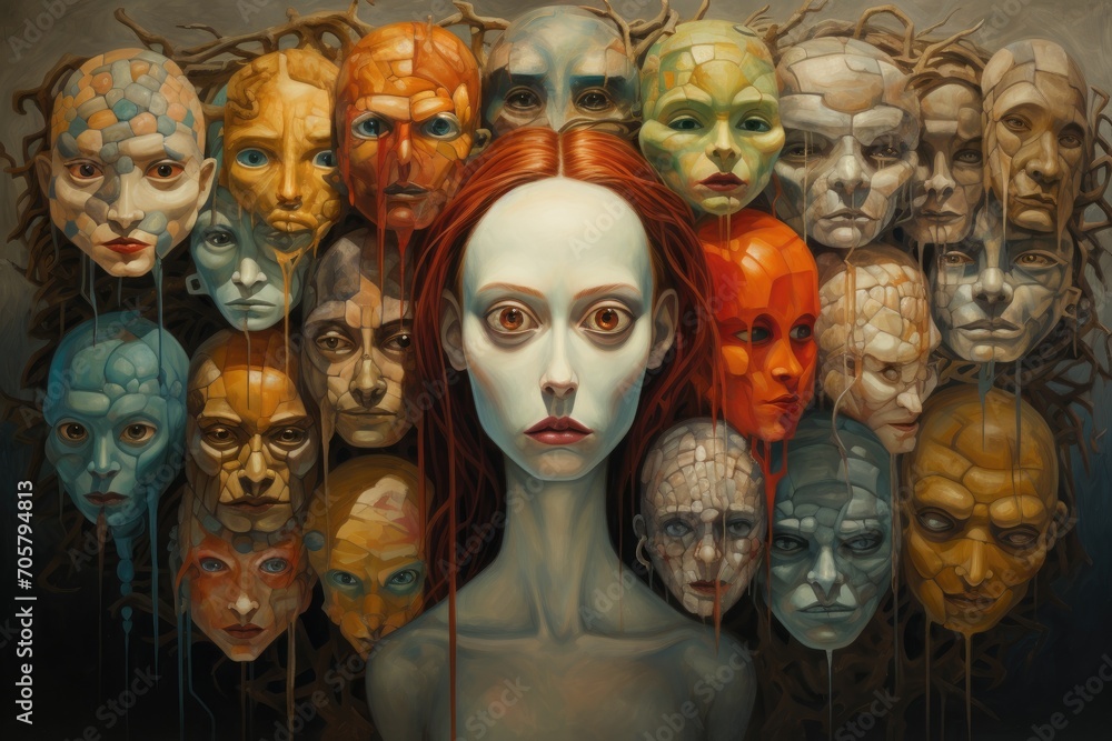 Artistic portrait of a woman with different face masks. Halloween concept, Faces of the souls, AI Generated