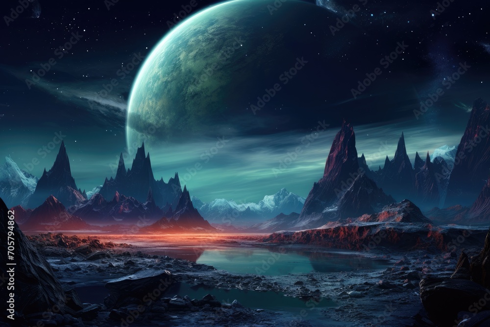 Fototapeta premium Fantasy alien planet. Mountain and sky. 3D illustration, Fantasy alien planet depicted through digital painting, 3D illustration, AI Generated
