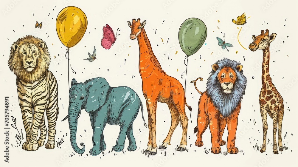 Naklejka premium Joyful Safari Friends in a Whimsical Jungle: Playful Lion, Giraffe, Elephant, and Flora.