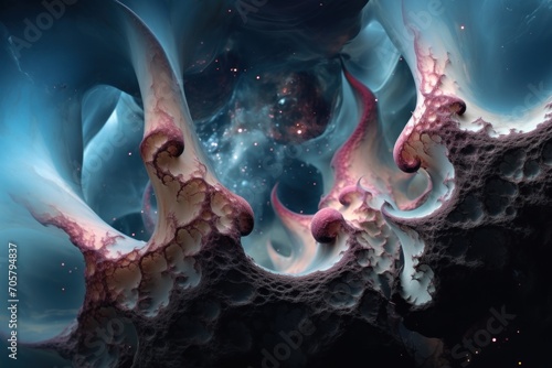  a close up of a computer generated image of a blue, pink and white swirl on a black background with space in the middle of the middle of the image. photo