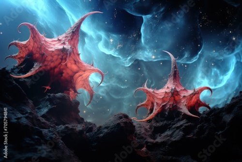  a digital painting of two red dragon like creatures in a blue and black sky filled with clouds of smoke and gas and gas rising from the top of a rocky outcrop.
