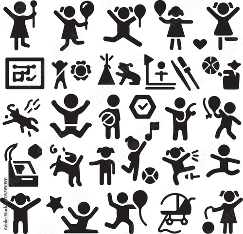 Set of silhouettes kids baby children editable vector icon in various poses