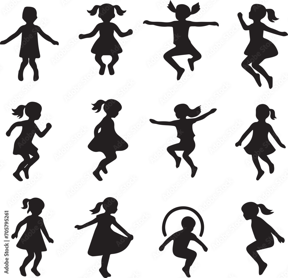 Naklejka premium Set of silhouettes kids baby children editable vector icon in various poses