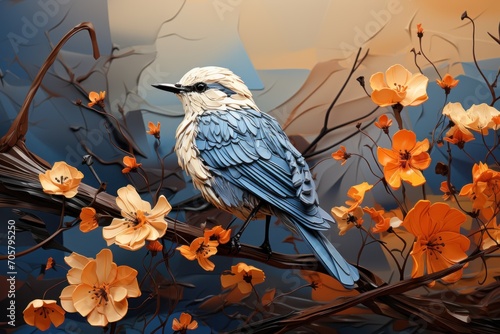  a painting of a bird sitting on a branch of a tree with orange flowers in the foreground and a background of a blue sky with white and yellow flowers. © Nadia