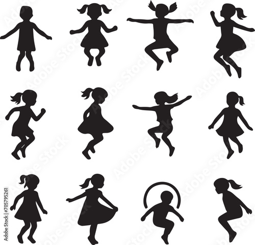 Set of silhouettes kids baby children editable vector icon in various poses