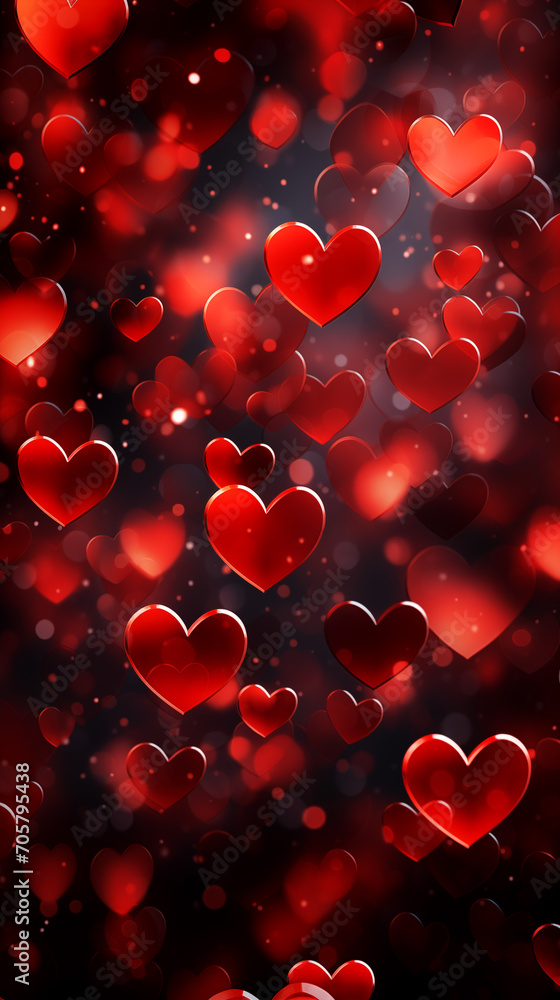 Red hearts, lights, sparkles and bokeh background. Valentine's Day card.