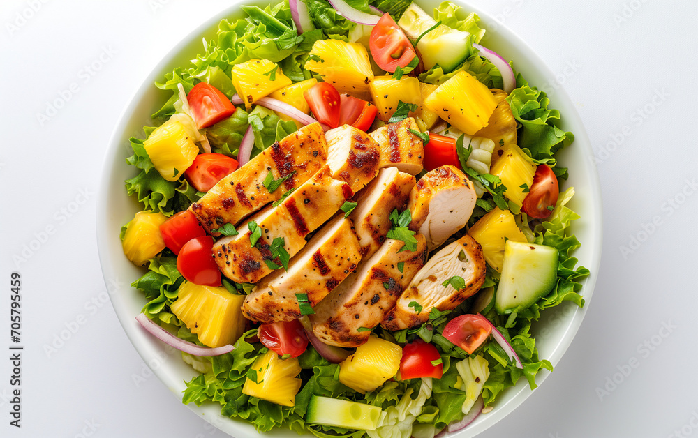 fitness chicken with pineapple salad.  fruits, vegetables. tomato and cucumber. white background, copy space. fresh