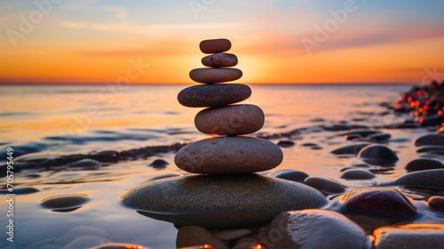  a stack of rocks sitting in the middle of a body of water with the sun setting in the background and a line of rocks in the middle of the water.