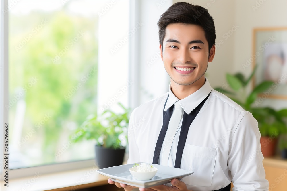 Experienced sushi chef smiling as he presents a tray of fresh sushi to clients at a restaurant Experienced sushi chef smiling as he presents a tray of fresh sushi to clients at a restaurant