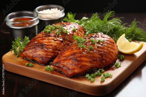  a wooden cutting board topped with chicken breasts covered in sauce and garnished with parsley next to a cup of sauce and a lemon slice of parsley.
