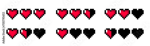 Video Game Hearts 8 bit Retro. Red Vector Pixel Hearts from Full Health To Low Health. photo
