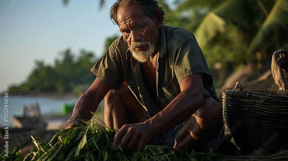 Senior fisherman collecting and categorizing seaweed retrieved from the sea for sustenance Senior fisherman collecting and categorizing seaweed retrieved from the sea for sustenance