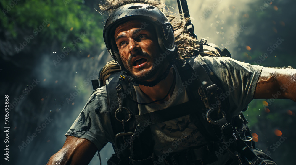Zip Line Adventure: Man enjoying a zip-lining experience through a dense forest. Zip Line Adventure: Man enjoying a zip-lining experience through a dense forest.