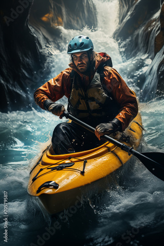 Kayaking in Untamed Waters: Kayakers navigating through wild and untamed waters. © tynza