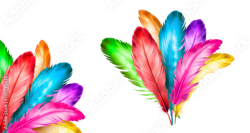 Penas coloridas em grupo. Penacho multicolor. Conjunto de penas multicor para enfeites  isolado em fundo transparente.