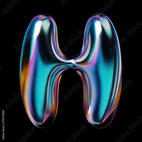 Glossy holographic 3D letter H, neon style with reflective surface. Metallic balloon bubble form with shine. Isolated vector render illustration for retro futuristic Y2K design