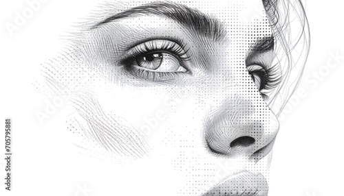 Black and white portrait of a woman's face, trendy halftone abstract female face, Y2K style, transparent background, monochrome fashion illustration, digital art concept, modern retro design