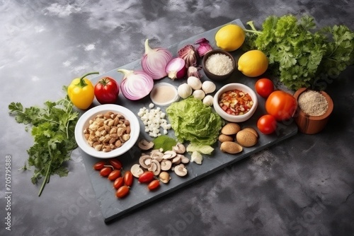  a cutting board topped with lots of different types of fruits and vegetables next to a bowl of nuts  tomatoes  lettuce  onions  mushrooms  and lemons.