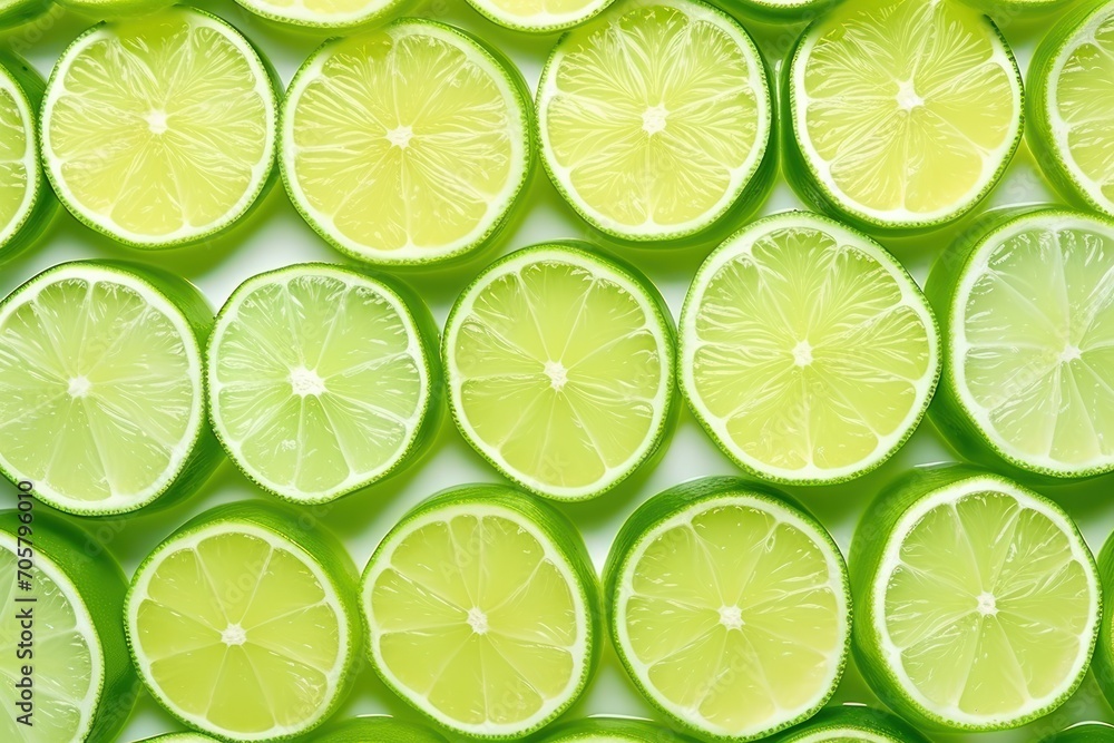  a bunch of limes that are cut in half and stacked on top of each other on a white surface with a light reflection in the middle of the photo.