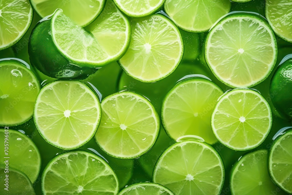  a group of limes sitting next to each other on top of a pile of other limes on top of a green surface with drops of water on them.