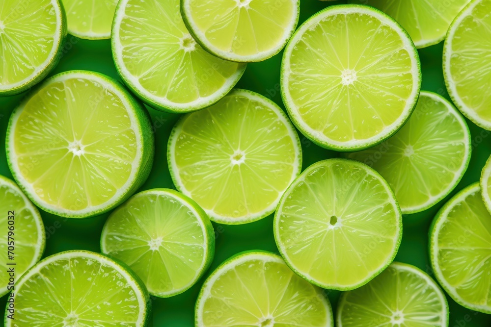  a bunch of limes that are cut in half and stacked on top of each other on a green surface with a white center piece in the middle of the middle of the photo.