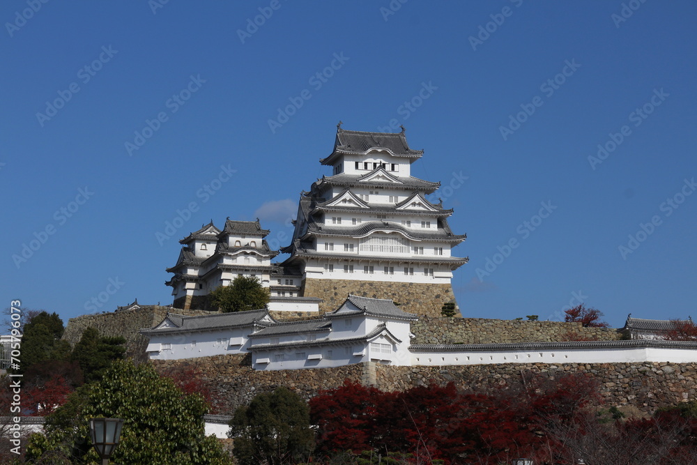 Himeji Castle and clear blue sky viewed from Sannomaru Square in Himeji, Japan Himeji Castle and clear blue sky viewed from Sannomaru Square in Himeji, Japan