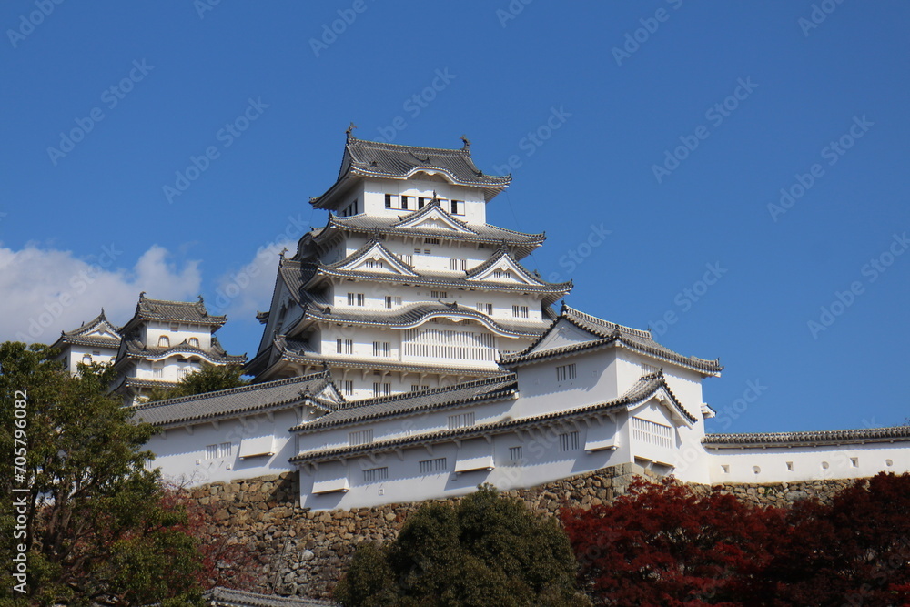 Himeji Castle and clear blue sky viewed from Sannomaru Square in Himeji, Japan Himeji Castle and clear blue sky viewed from Sannomaru Square in Himeji, Japan