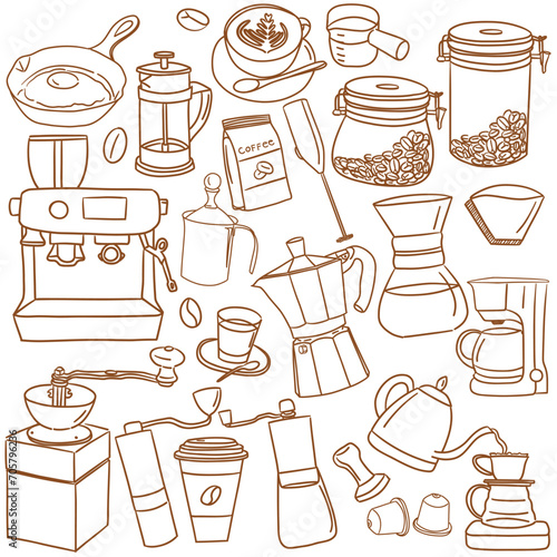 Set of coffee outline drawings, utensils, equipment and tools for various kinds of brewing coffee in doodle style 