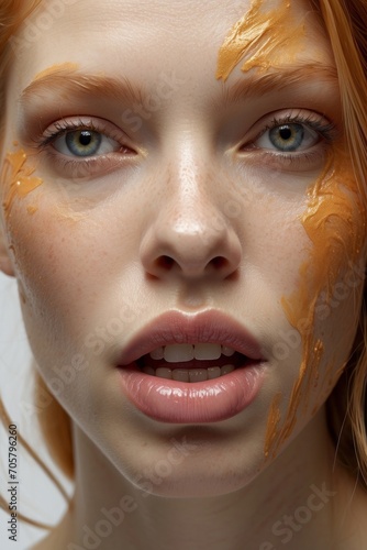 Close-up portrait of a charming red-haired woman with blue eyes, freckles, sensual lips, rosy cheeks, smeared orange mask on her face on a gray background. Beauty, cosmetics, clean skin concepts. © liliyabatyrova