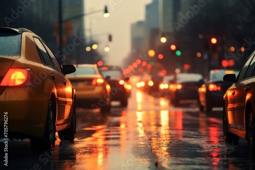  a city street filled with lots of traffic on a rainy day with traffic lights shining on the cars and the street lights reflecting off of the wet surface of the wet pavement. © Nadia