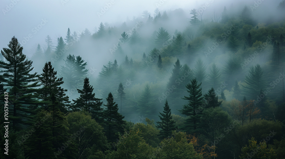 landscape, autumn forest in fog - photo ad. Nature, tourism. Fresh air. Travel, relaxing atmosphere. Scandinavia.