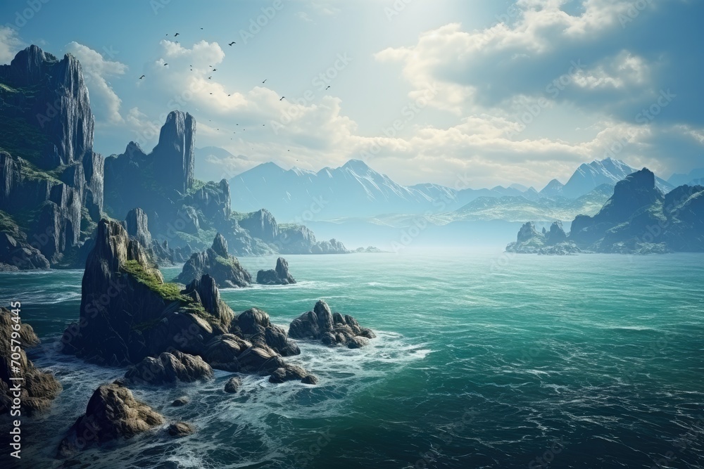Fantasy landscape with mountains and lake. 3d render illustration, Fantasy Landscape with Mountains and the sea, 3D rendering, AI Generated