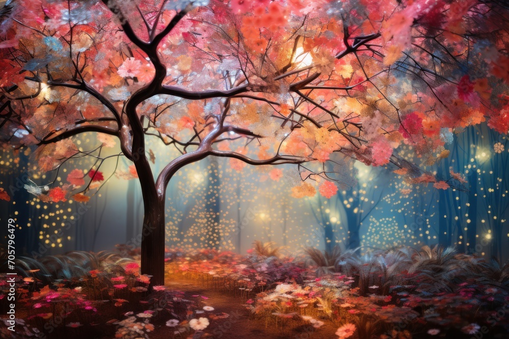  a painting of a tree in the middle of a forest with flowers on the ground and lights shining on the trees and flowers on the ground all sides of the trees.