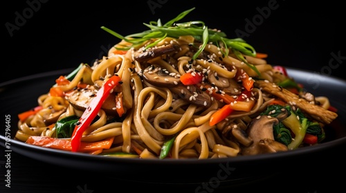 Chinese Noodle Dish with Mushrooms and Greens - Traditional Asian Cuisine Concept