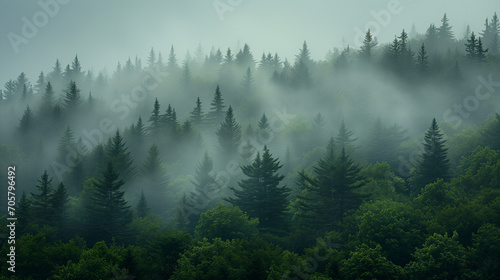 landscape, autumn forest in fog - photo ad. Nature, tourism. Fresh air. Travel, relaxing atmosphere. Scandinavia.