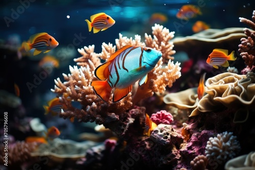  a group of orange and white fish swimming over a coral covered with seaweed and corals in a large aquarium with blue water and corals in the background. © Nadia