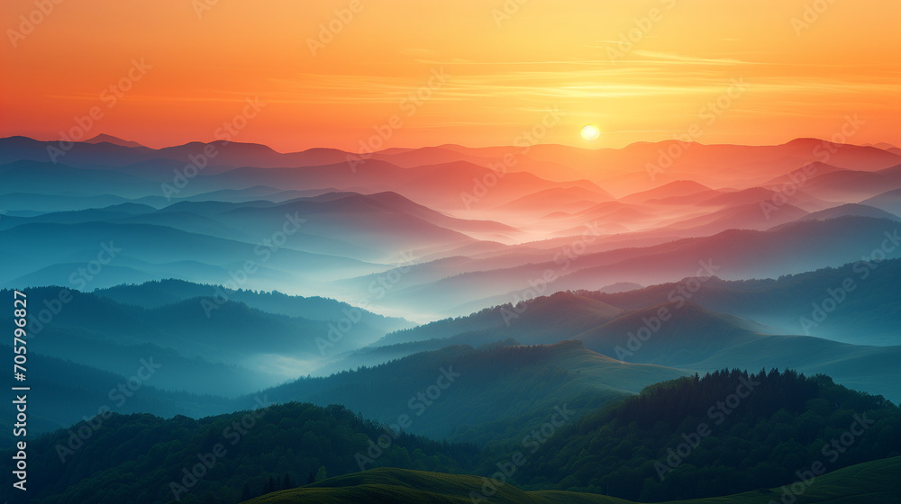 Misty mountains in the morning, horizontal landscape. Landing page, background, banner