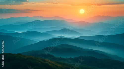 Misty mountains in the morning, horizontal landscape. Landing page, background, banner