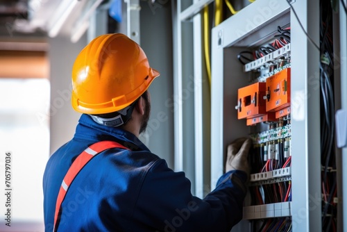 Portrait of a young female electrician working in a power plant, Female commercial electrician at work on a fuse box, adorned in safety gear, AI Generated © Iftikhar alam