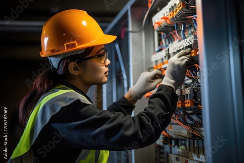 Portrait of female engineer in hardhat working on server in server room, Female commercial electrician at work on a fuse box, adorned in safety gear, AI Generated