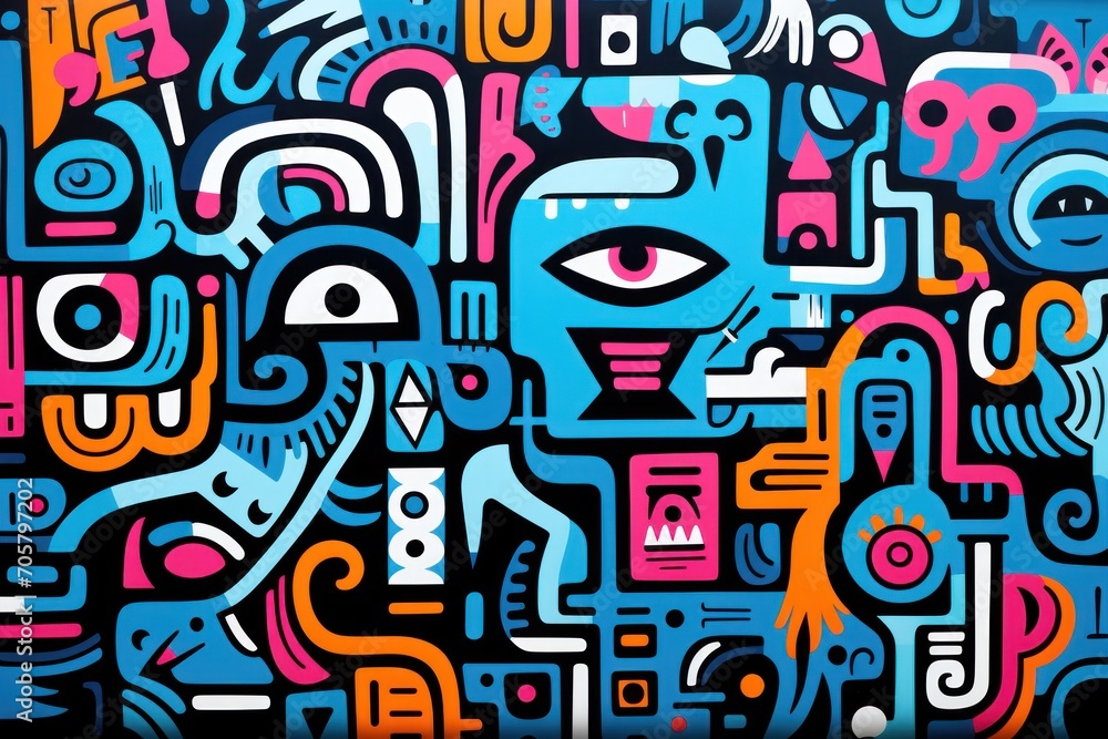  a painting of a blue face surrounded by multicolored lines and shapes on a black background with a red, white, orange, blue, and pink, and blue design.