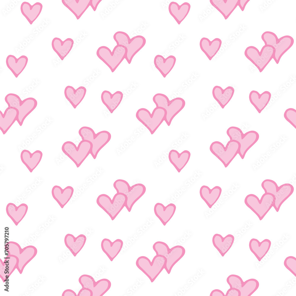Seamless abstract pattern of small pink contour hearts. Hand drawn doodle background, texture for textile, wrapping paper, Valentine's day, romantic design